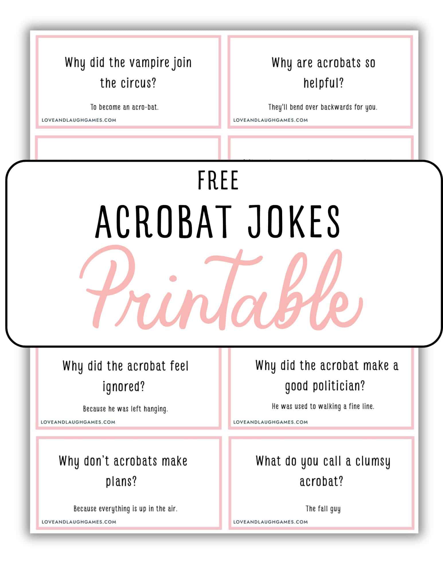 A printable sheet titled Free Acrobat Jokes Printable features eight Acrobat Jokes cards with questions and punchlines, each bordered in pink.