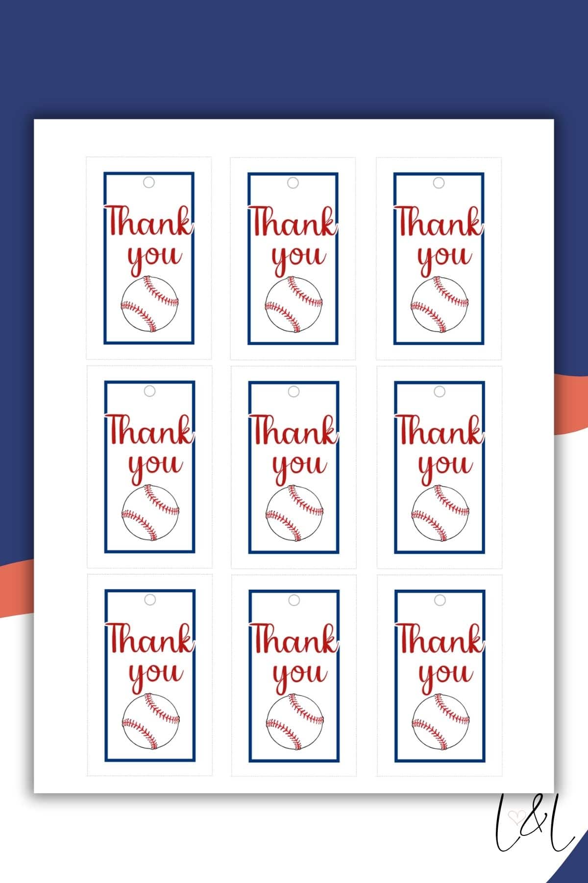 A sheet with ten rectangular tags, each featuring the words Thank you in red script above a baseball illustration, all outlined with a blue border.
