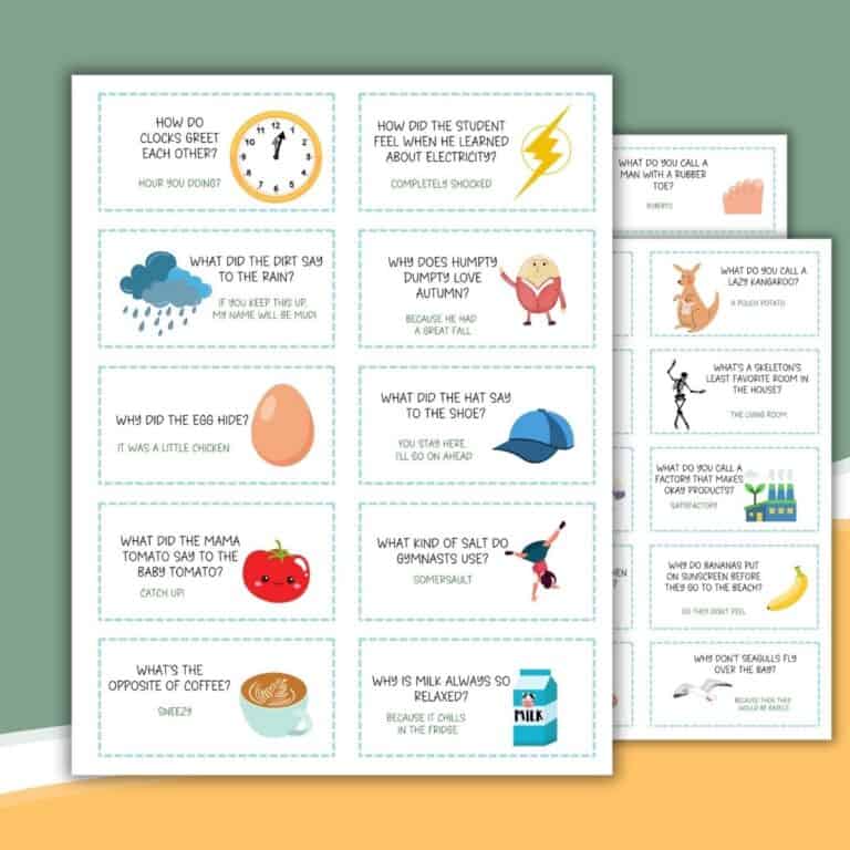 A set of illustrated joke cards featuring playful images like a clock, lightning bolt, egg, tomato, milk, and animals, arranged on three sheets with colorful backgrounds and text-based jokes aimed at children.