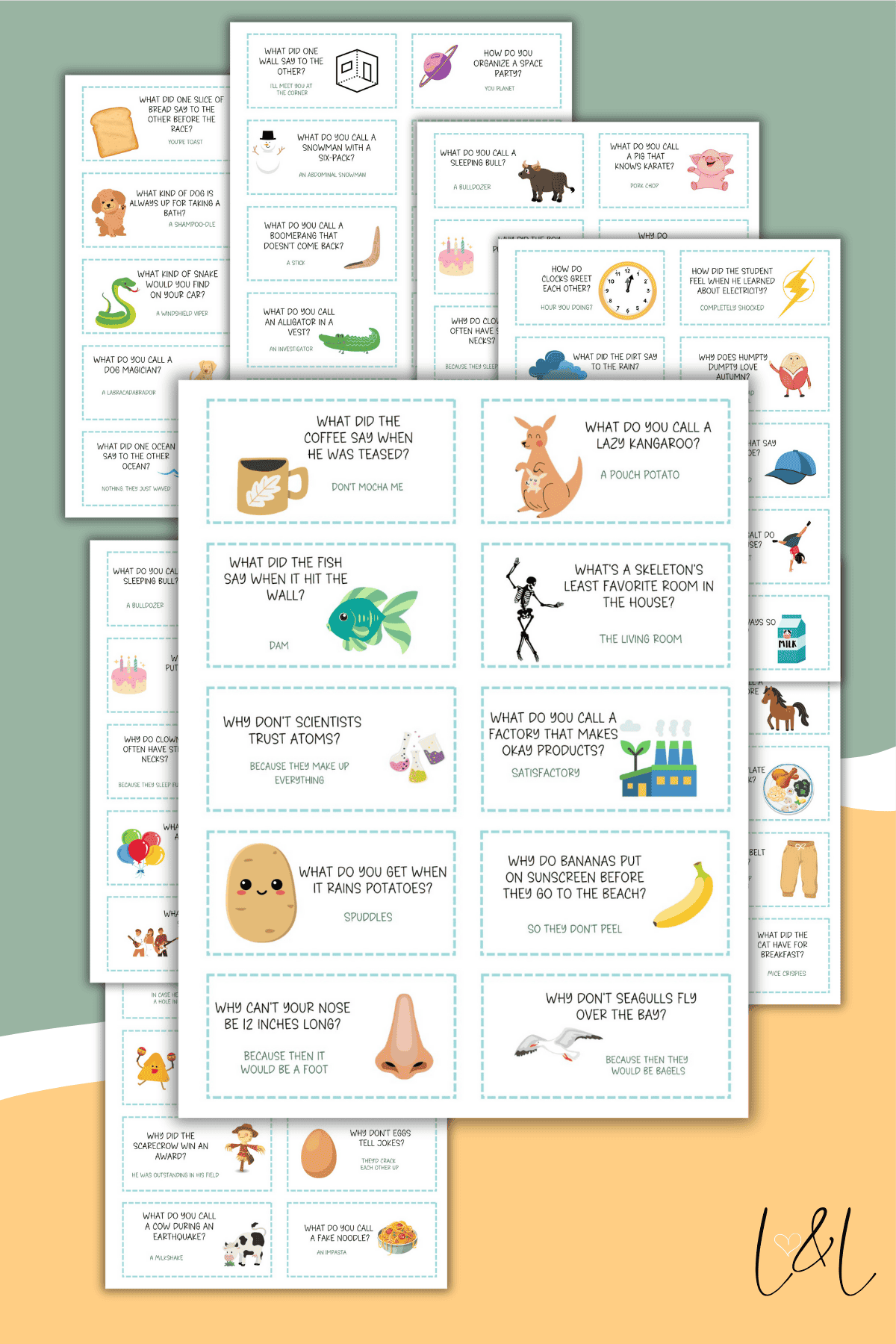 Four sheets of printable cards are shown, each featuring kid-friendly joke questions and answers with colorful illustrations of animals, food, and objects corresponding to each joke. The background is green and beige.