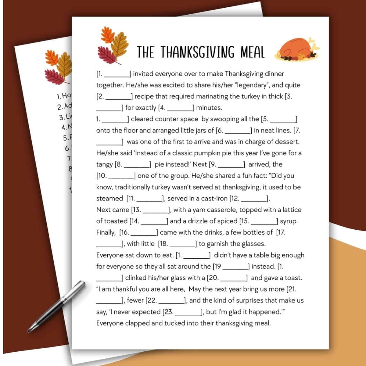 A Thanksgiving-themed fill-in-the-blank story titled The Thanksgiving Meal sits on a table with a pen nearby and autumn illustrations, ready for people to fill out—perfect for fans of a Halloween mad lib looking for festive holiday fun.