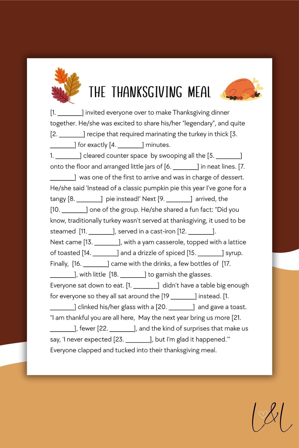 A Thanksgiving-themed fill-in-the-blank story inspired by a Halloween mad lib, featuring autumn leaves, a pumpkin pie, and a roasted turkey illustration. The story describes inviting guests, cooking together, sharing dishes, and enjoying dessert.