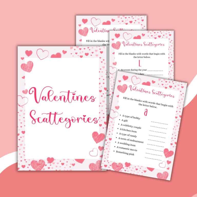 Four pink and white Valentine’s Scattergories game sheets with heart designs, featuring fill-in-the-blank prompts, are displayed on a pink background with a white ribbon-like accent.