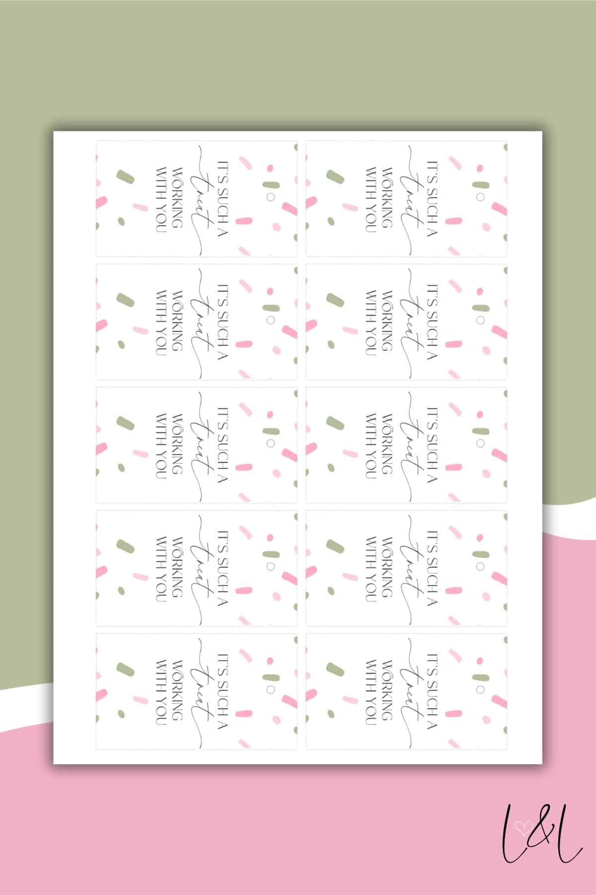 A sheet of twelve small Employee Appreciation Gift Tags with abstract pink and green confetti designs and the text IT’S SOAP, WORKING WONDERS WITH YOU! displayed on a pastel pink, white, and green background.