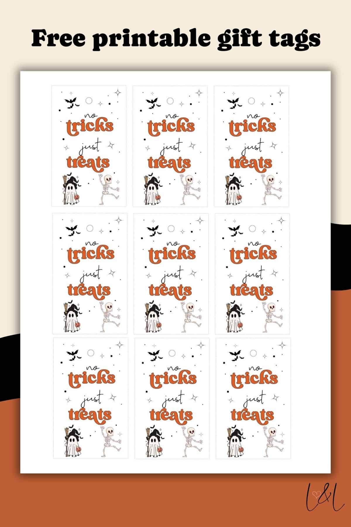 A sheet of nine Printable Halloween Gift Tags featuring the phrase tricks just treats, decorated with bats, stars, a ghost, and a girl in a skeleton costume. Text at the top reads Free printable gift tags.