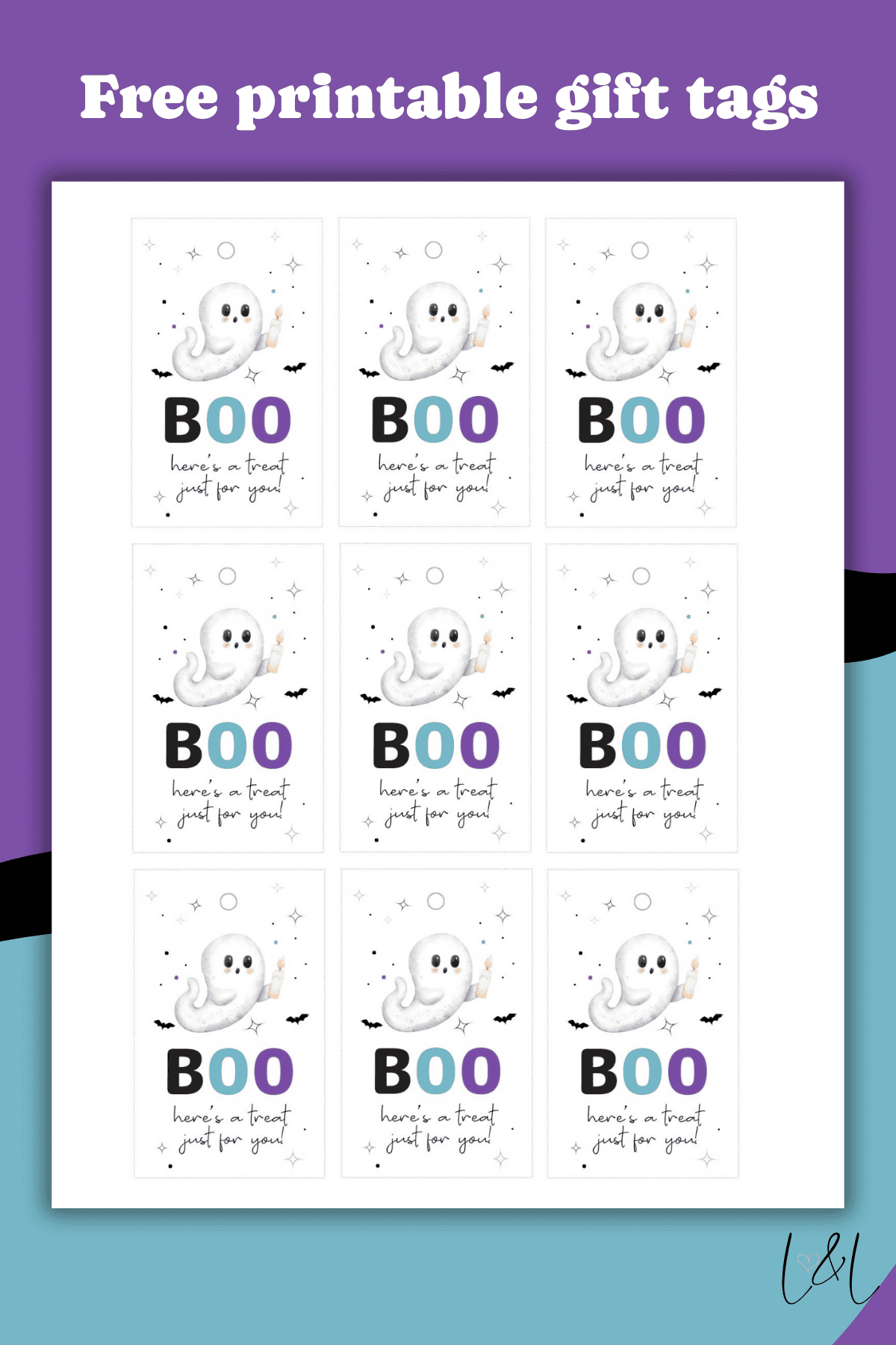 Sheet of nine printable Halloween gift tags featuring a cute ghost, the word BOO in bold black and purple letters, and the text here’s a treat just for you—plus ideas to use with Free Printable Baseball Thank You Tags for festive gifting.