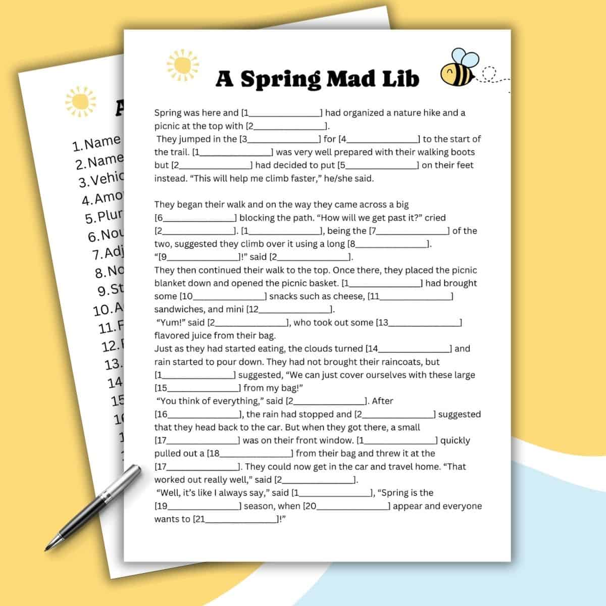 A spring-themed Mad Lib worksheet with fill-in-the-blank sentences over a white paper featuring bees and flowers, placed on top of a checklist and a yellow-striped background with a pen beside the sheets.