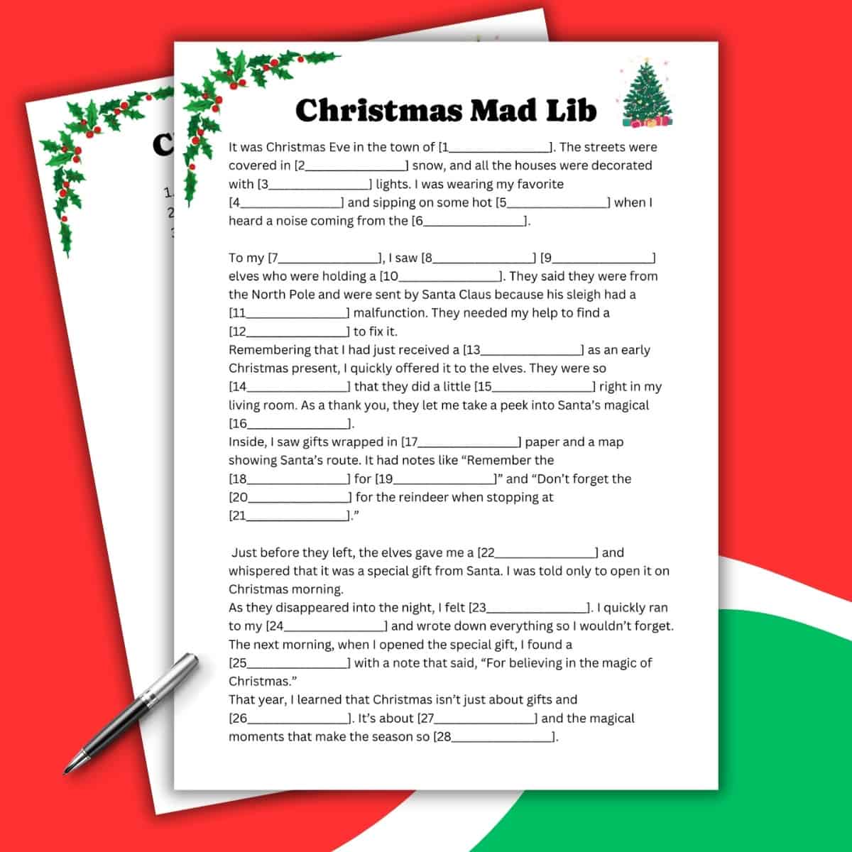 A festive Christmas-themed Mad Lib worksheet with cheerful decorations, a silver pen on the side, and a red, green, and white background. Enjoy holiday fill-in-the-blank prompts perfect for seasonal fun!.