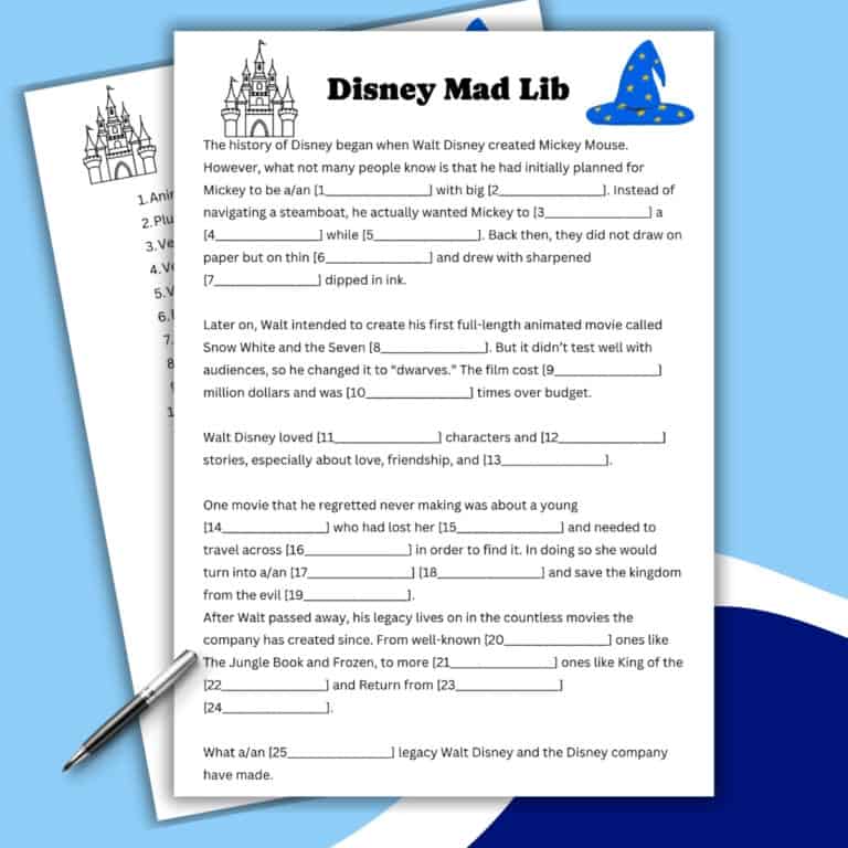 Two Disney Mad Lib worksheets with fill-in-the-blank stories sit on a blue background. A pen rests on the sheets, and a whimsical blue wizard hat with yellow stars nearby adds to the magical Mad Lib fun.