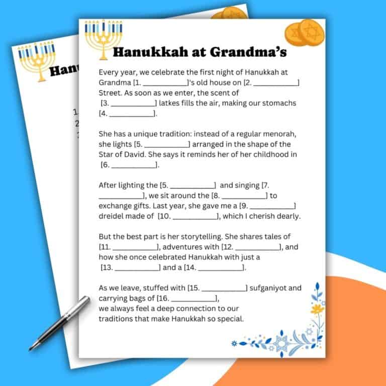Two illustrated sheets of paper titled Hanukkah at Grandma’s, featuring a festive Mad Lib-style fill-in-the-blank story about Hanukkah traditions. Decorative menorahs and dreidels accent the light blue and gold design.
