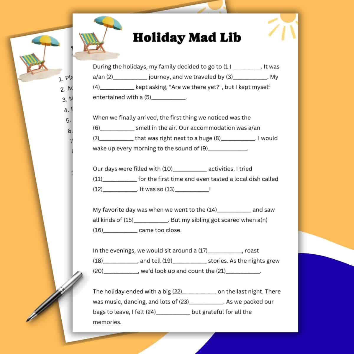 A Holiday Mad Lib worksheet sits on a colorful background with a pen beside it. The page features fill-in-the-blank sentences for a festive Mad Lib story, and decorative illustrations of a deck chair and sun decorate the top corners.