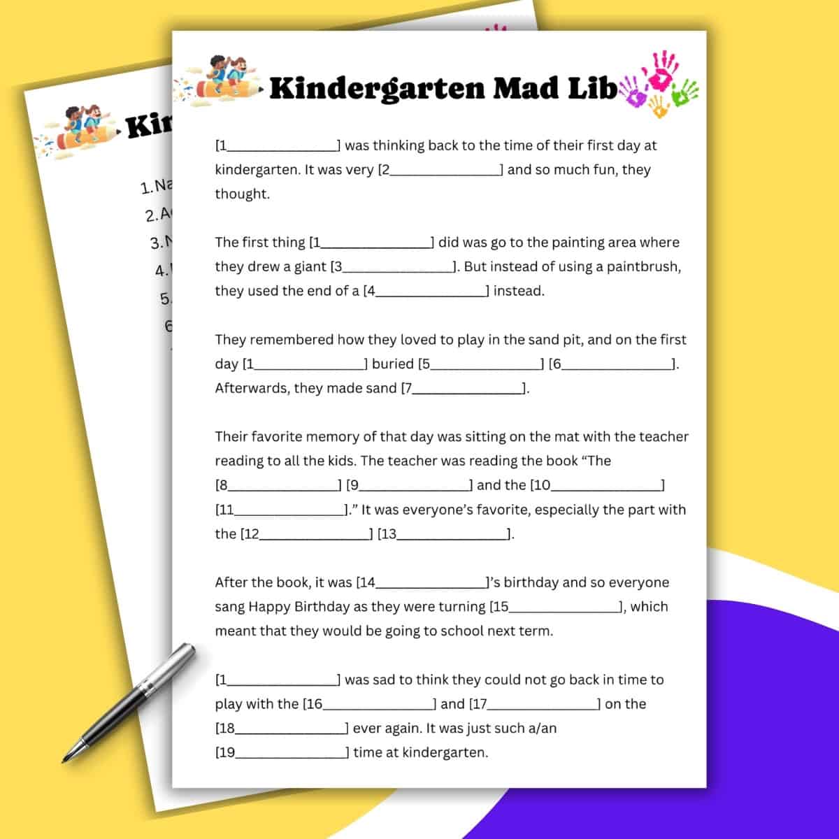 A Kindergarten Mad Lib worksheet with fill-in-the-blank sentences sits on a white page against a yellow and purple background. A silver pen lies beside the Mad Lib, ready for kids to create their own silly stories.