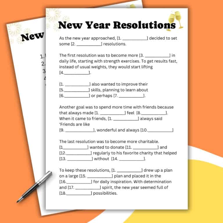 A Mad Lib-style worksheet titled New Year Resolutions with fill-in-the-blank sentences about setting goals for the new year, placed on a yellow surface with a pen nearby and a second worksheet partially visible underneath.