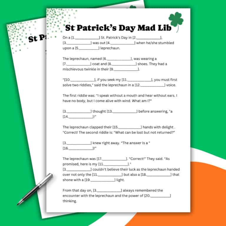 St. Patrick’s Day-themed Mad Lib worksheets with green shamrock and confetti designs are stacked on a yellow background. The Mad Lib sheets feature fill-in-the-blank story prompts and decorative borders.