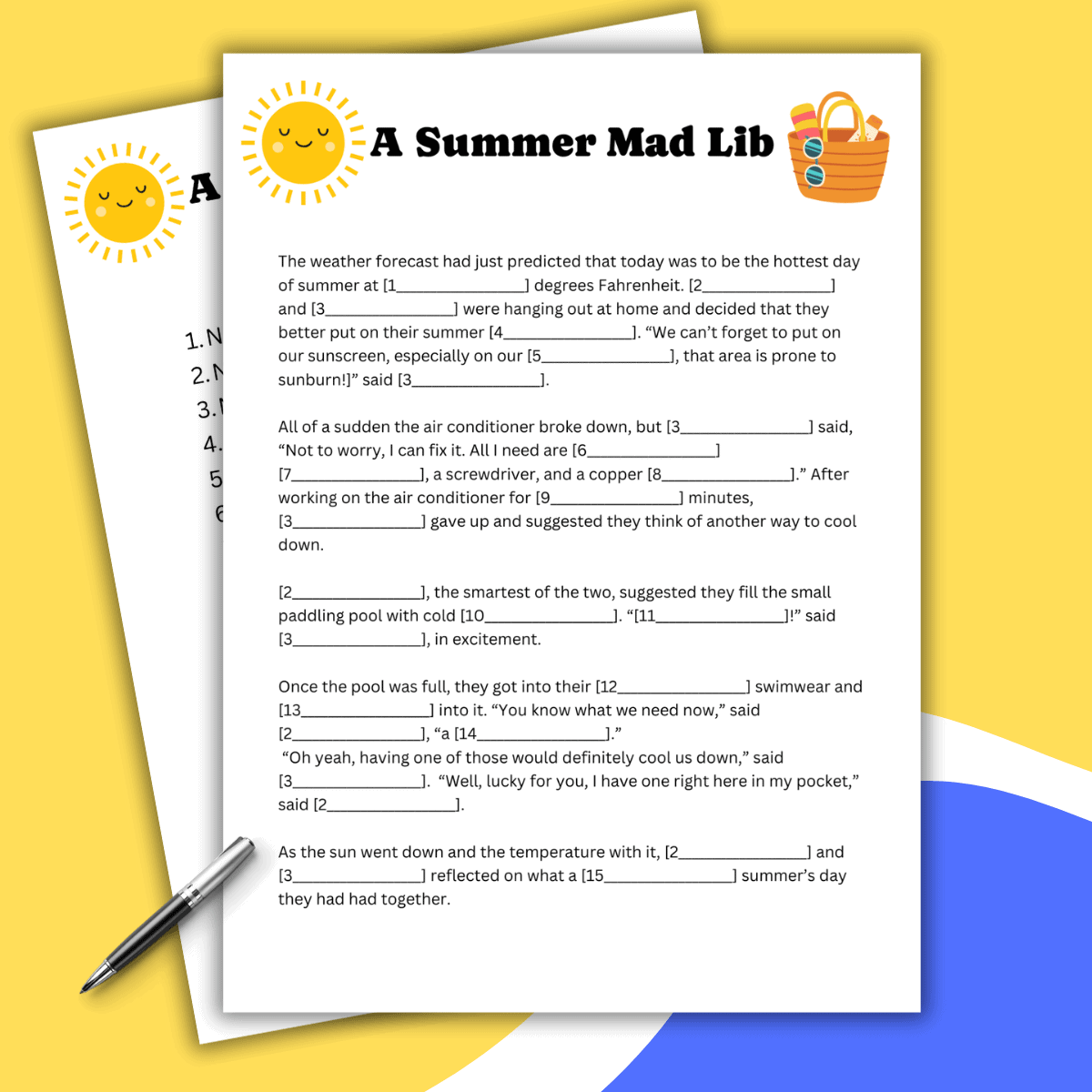 Two printed Summer Mad Lib activity sheets with sun and picnic basket graphics are placed on a yellow and blue background, with a silver pen nearby. The Mad Lib pages feature fill-in-the-blank summer-themed stories.
