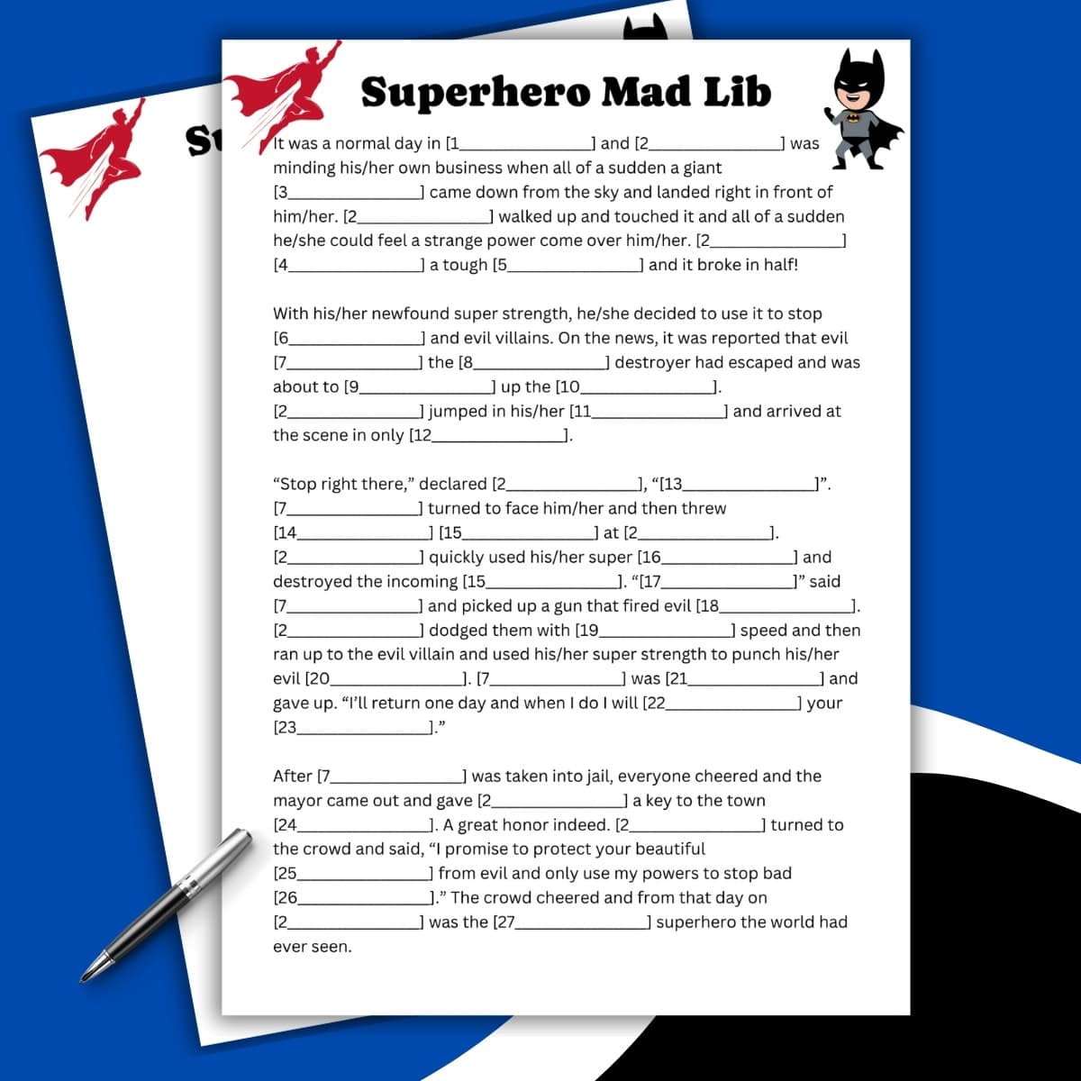 A Mad Lib superhero-themed worksheet titled Superhero Mad Lib sits on a table with a pencil on top, featuring blank spaces for words and cartoon superhero graphics in the corners.