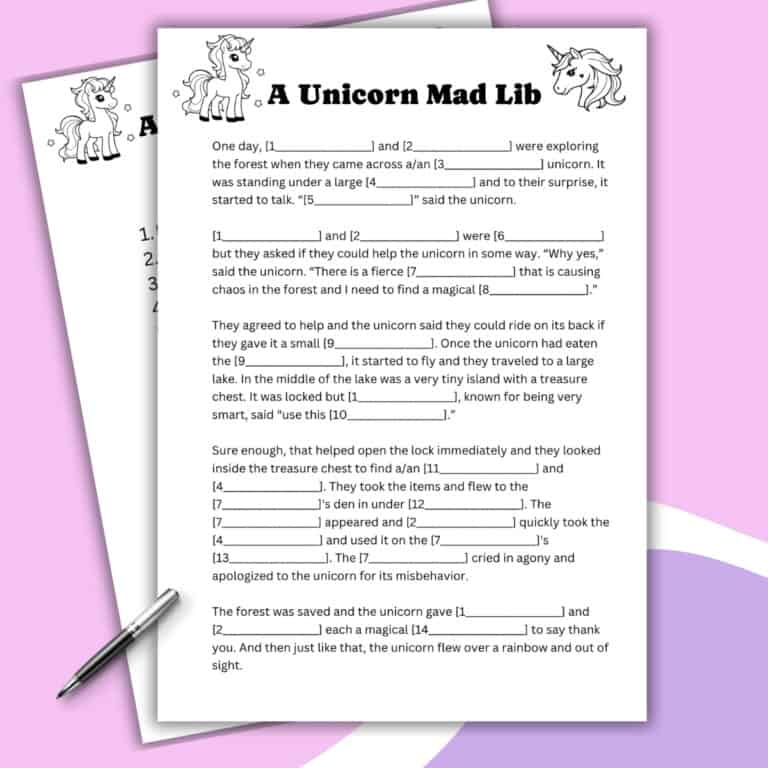 A unicorn-themed Mad Lib worksheet sits on a pink background, accompanied by a pen. The worksheet features fill-in-the-blank spaces and small cartoon unicorn illustrations along the sides and corners.