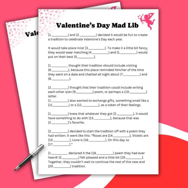 Two Mad Lib sheets titled Valentine’s Day Mad Lib feature fill-in-the-blank stories, set on a red and pink background with heart patterns, a cupid silhouette, and a pen beside them—perfect for festive fun.