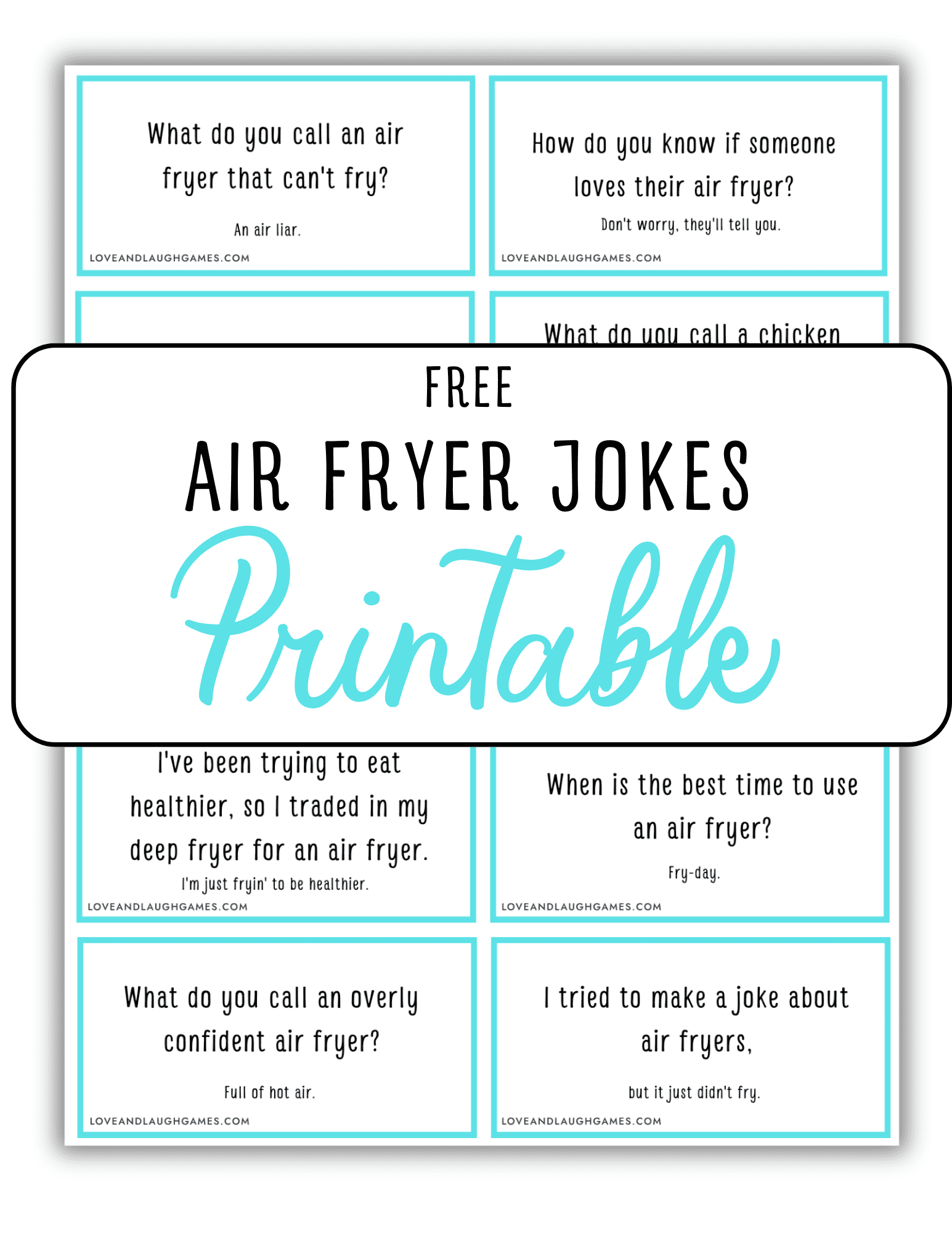 A printable sheet featuring eight air fryer joke cards, each with a joke about air fryers. The center overlay reads “FREE AIR FRYER JOKES Printable” in bold and script fonts.