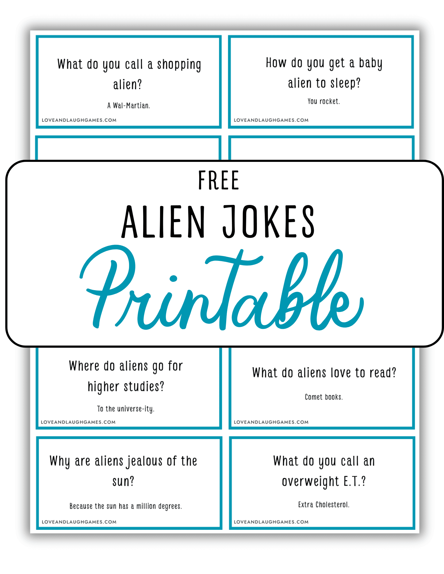 A printable sheet titled “Free Alien Jokes Printable” featuring six alien-themed joke cards with questions and punchlines, all bordered in blue on a white background.