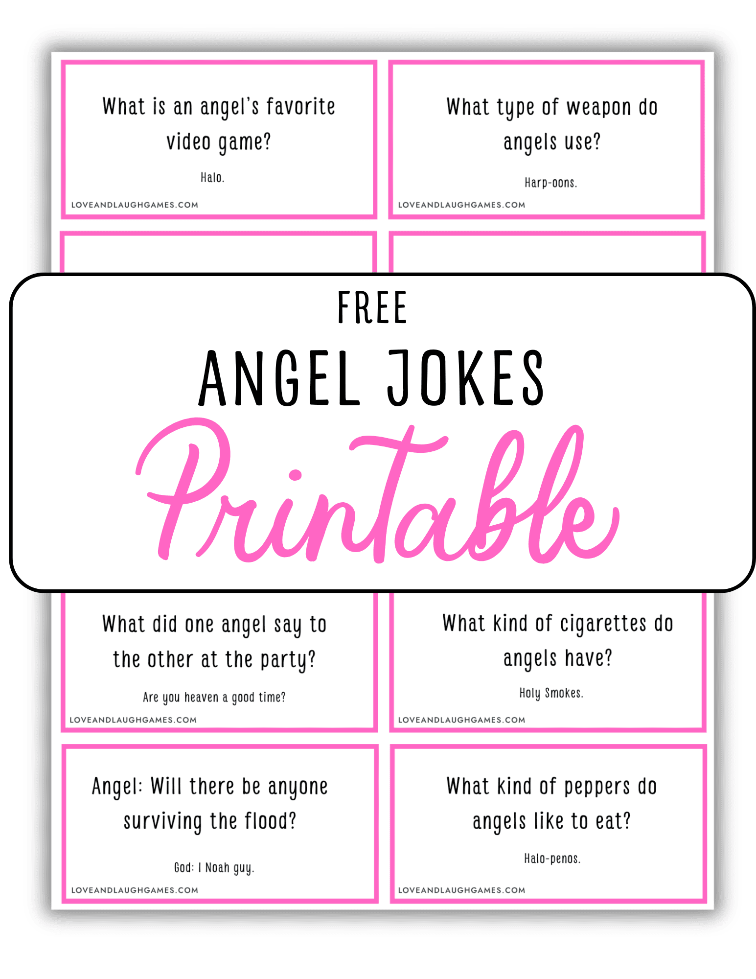 A printable sheet titled Free Angel Jokes Printable features eight joke cards with pink borders, each containing a different angel-themed joke and punchline in black text.