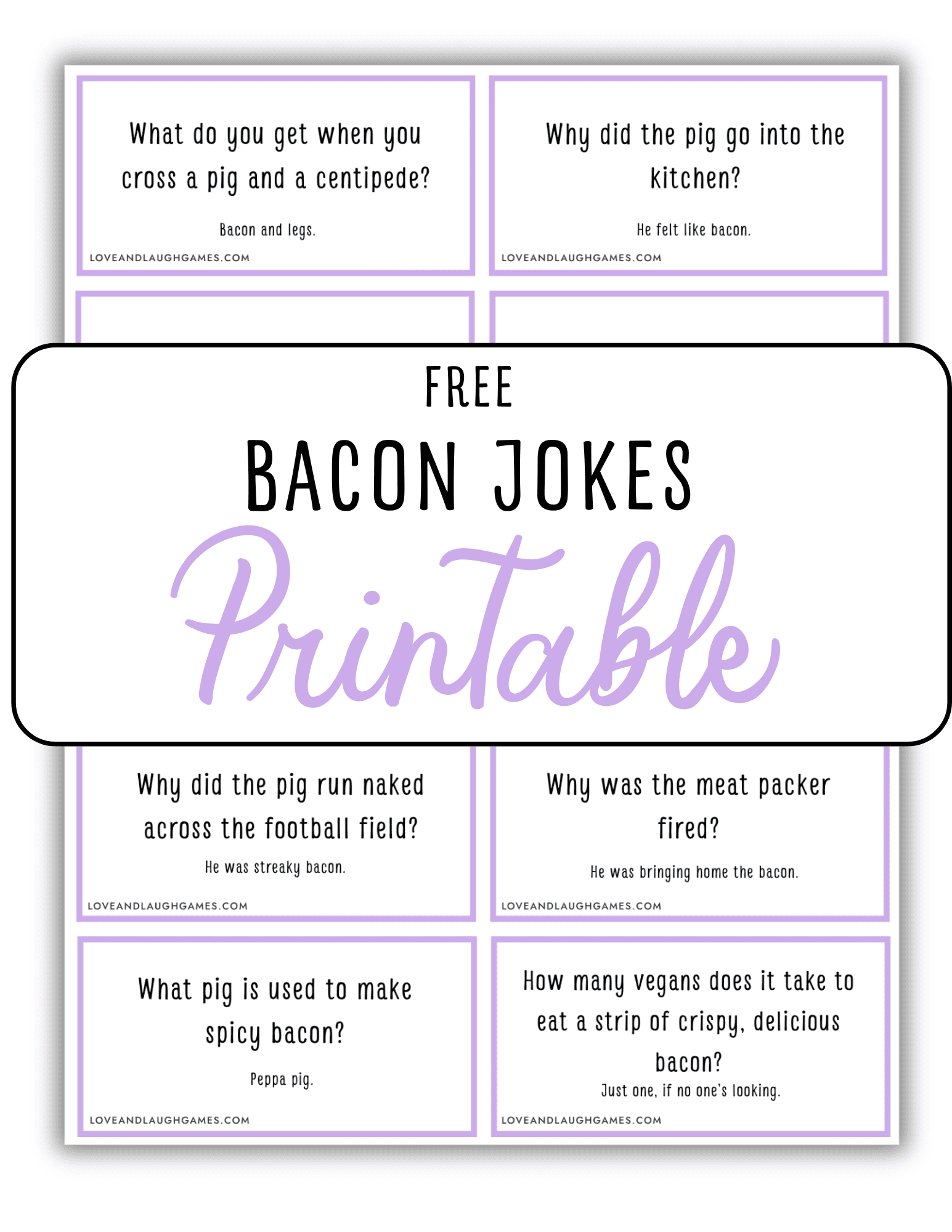 A printable sheet titled Free Bacon Jokes displays six bacon-themed joke cards in purple text, each with a question and punchline, arranged in a neat grid.