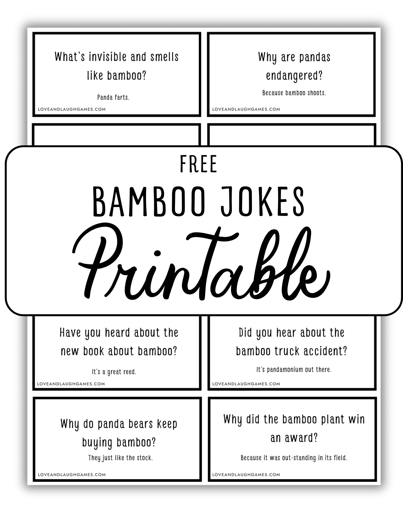 A printable sheet titled Free Bamboo Jokes Printable with eight bamboo-themed joke cards, each featuring a different pun or riddle about bamboo or pandas.