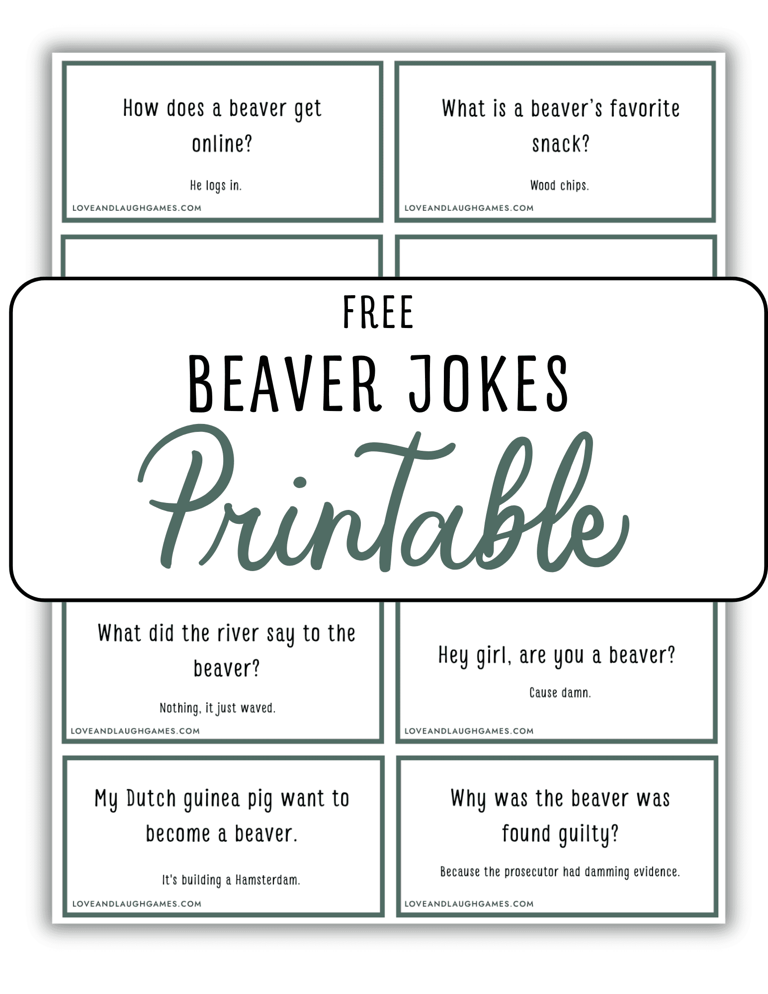 A printable sheet with six beaver jokes in boxes and a large central label reading “Free Beaver Jokes Printable.” The jokes have playful questions and answers related to beavers.