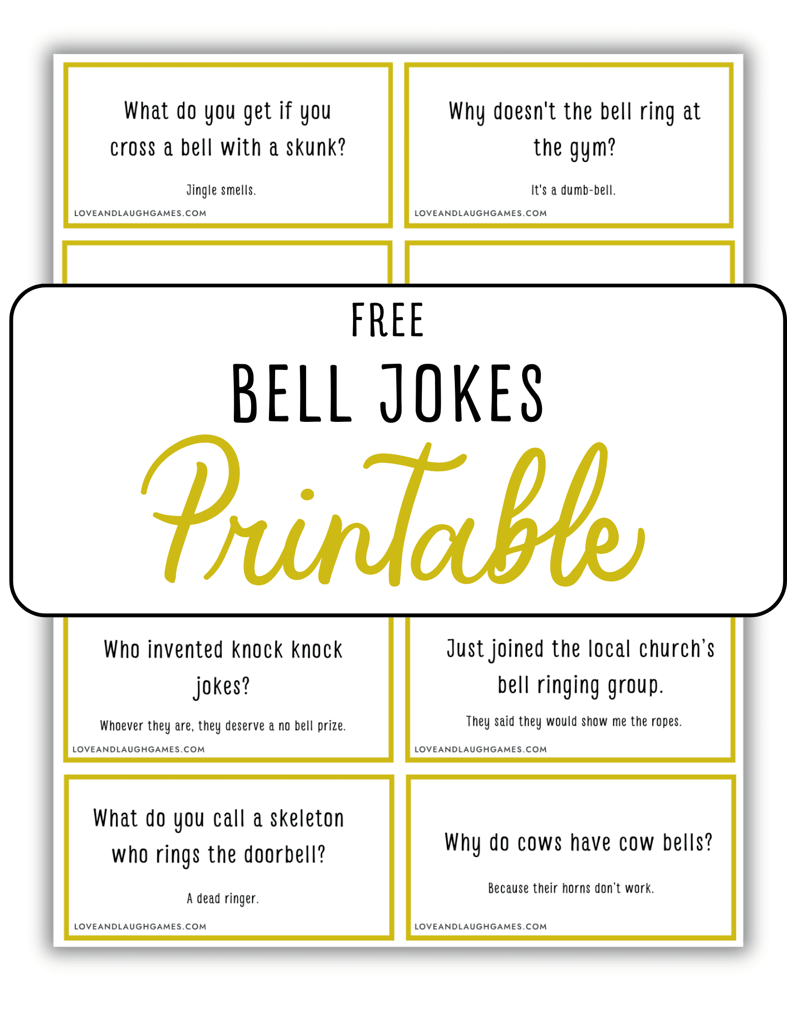 A printable sheet of eight bell-themed jokes in yellow-bordered boxes, labeled “FREE BELL JOKES Printable,” with each joke featuring a question and punchline about bells.
