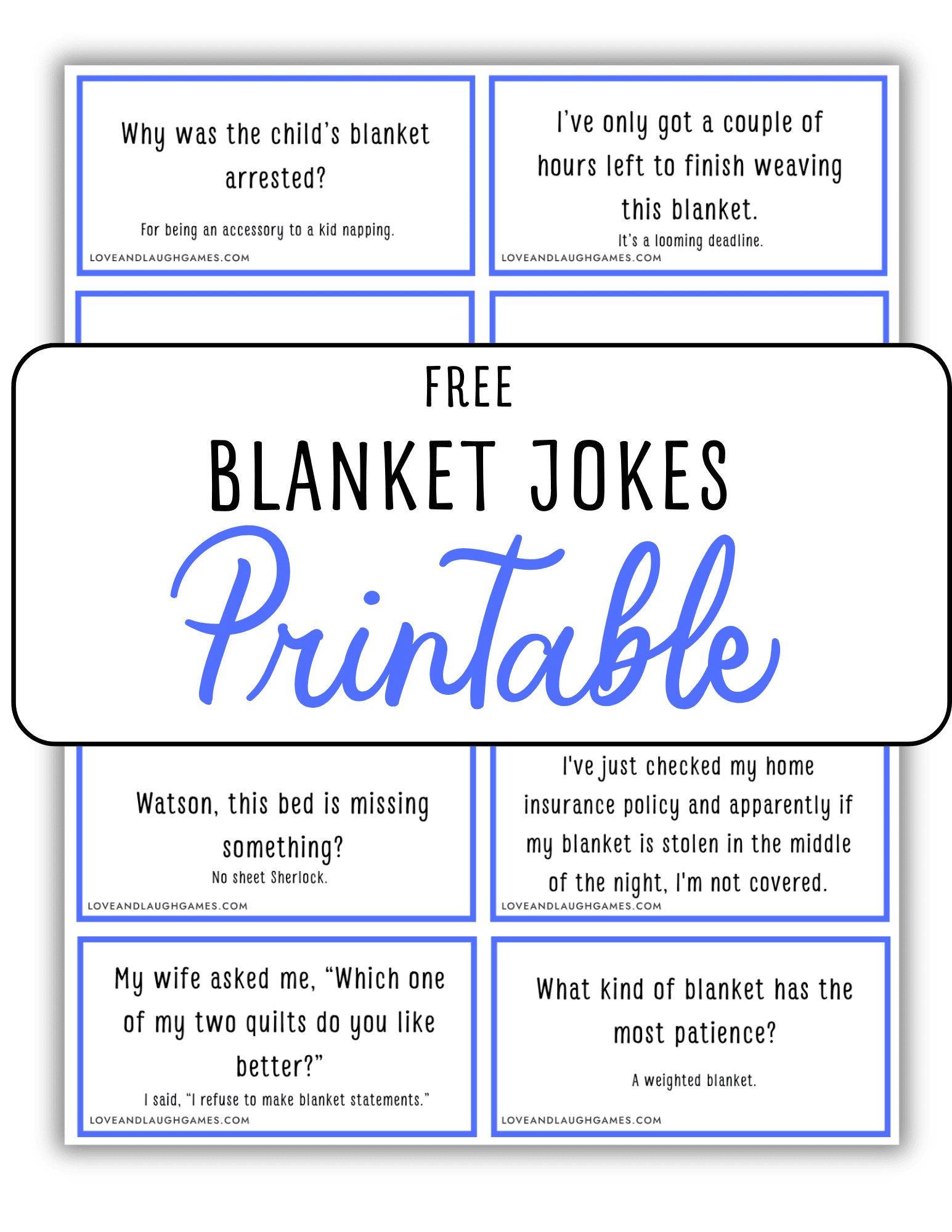 A printable sheet titled Free Blanket Jokes with six joke cards about blankets, each in a blue-bordered box. The jokes use puns and humor related to blankets and quilts.