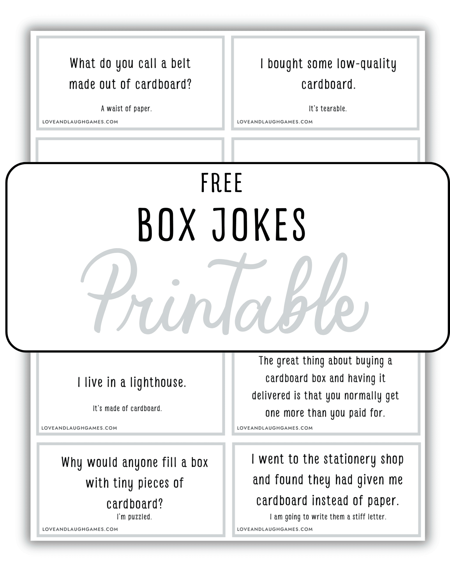 A printable sheet titled Free Box Jokes Printable featuring six light gray cards, each with a different box or cardboard-themed joke displayed in black text.