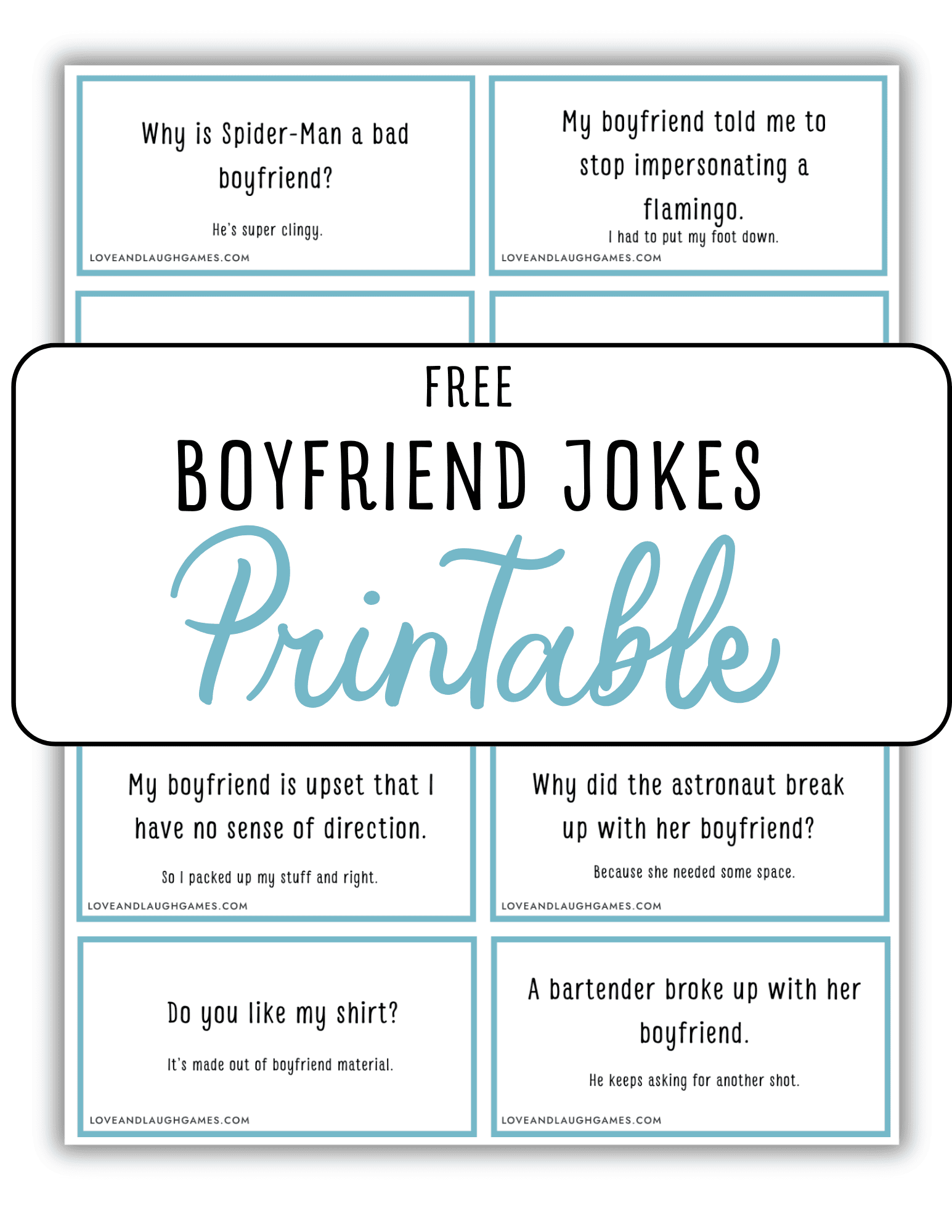 A printable sheet titled Free Boyfriend Jokes Printable with six joke cards, each featuring a light blue border and playful boyfriend-themed jokes.