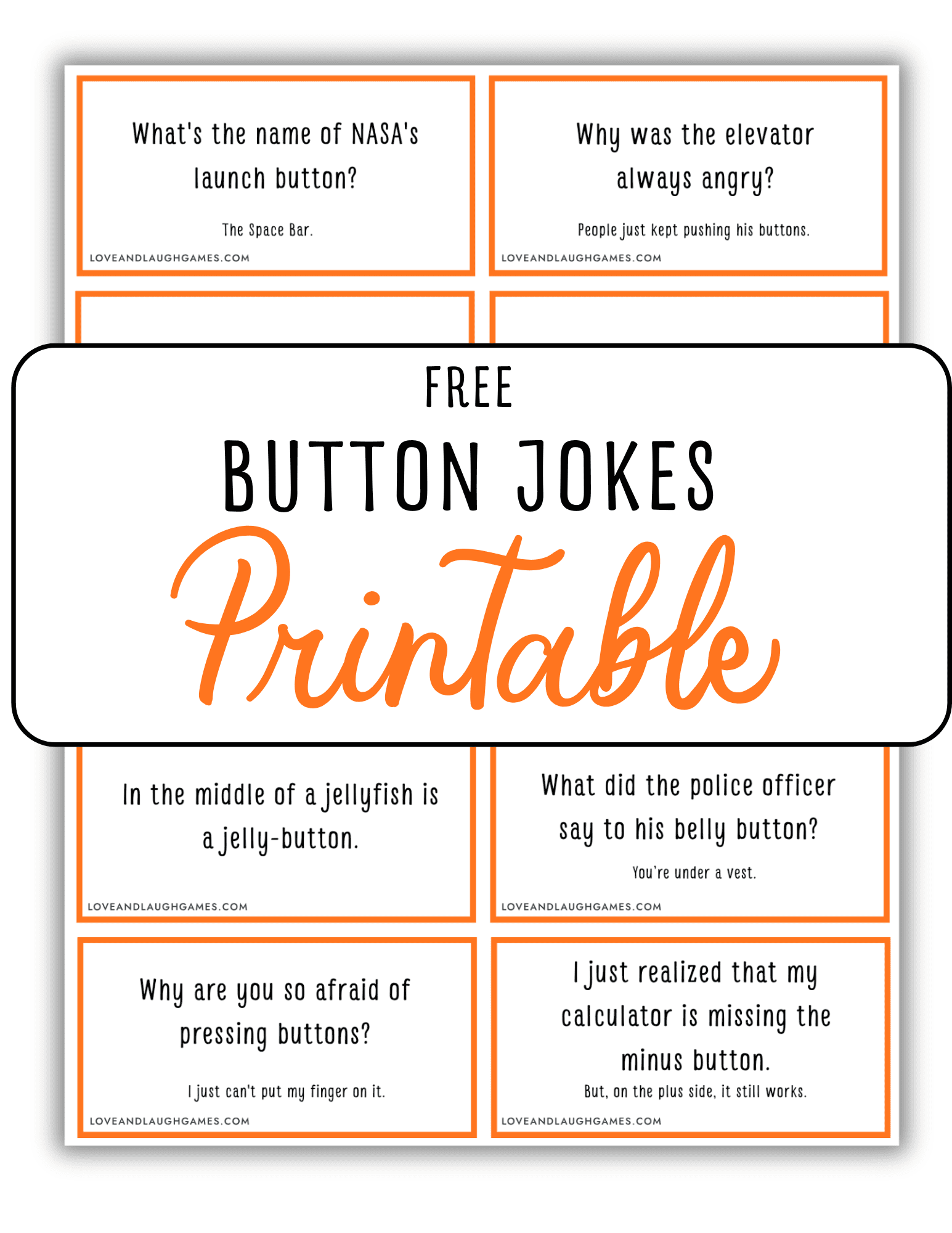 A printable sheet titled Free Button Jokes Printable featuring six button-themed jokes in orange-bordered boxes with black text on a white background.