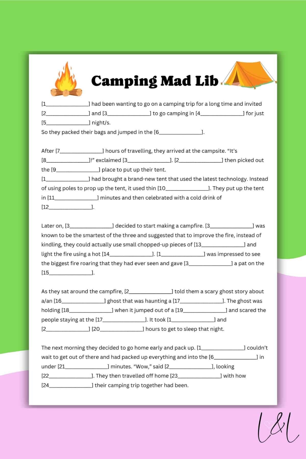 A camping-themed Mad Lib worksheet with blank numbered spaces to fill in words, illustrated with a campfire and tent at the top. The background features green, yellow, and pink sections for a fun Mad Lib adventure.