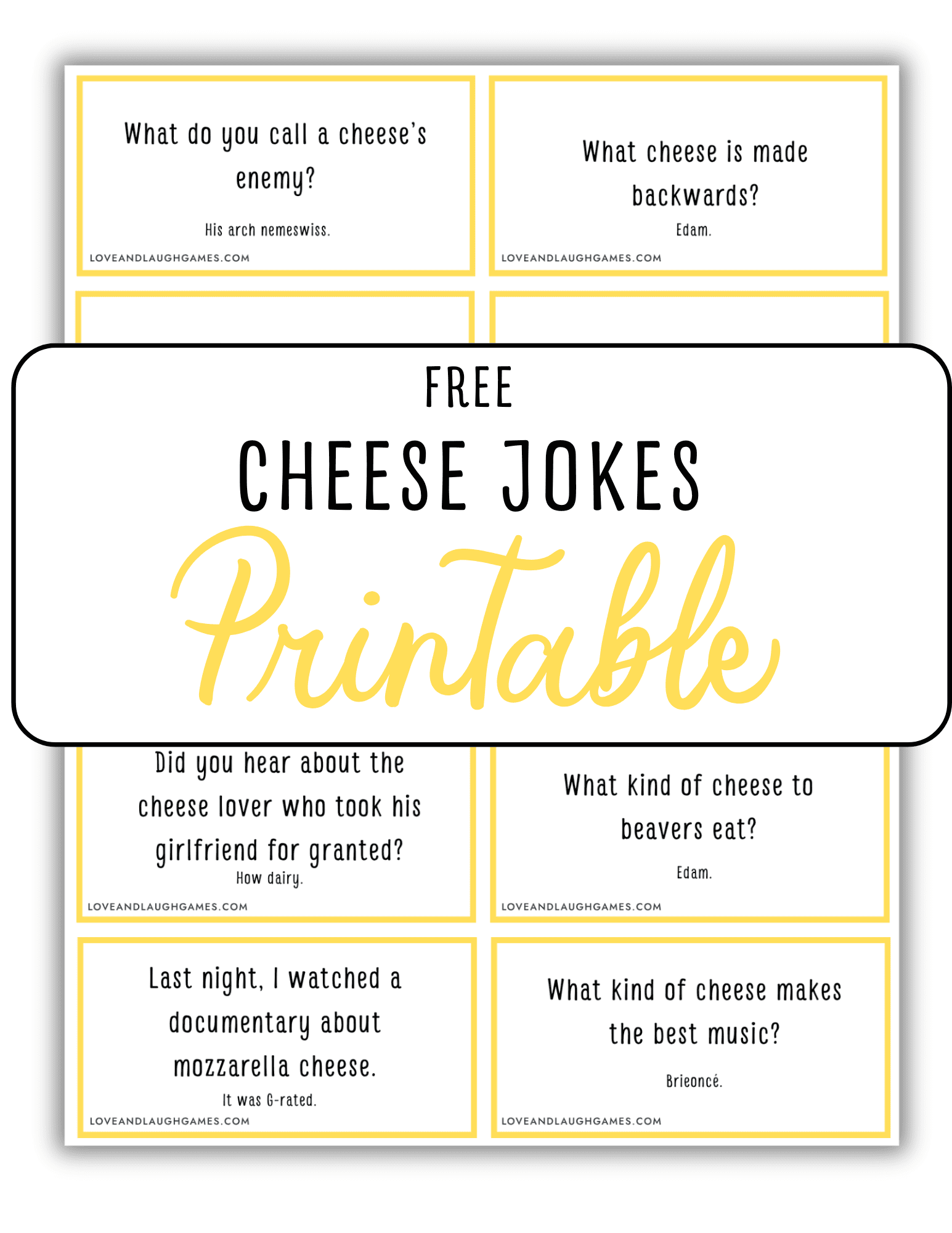 A printable sheet titled Free Cheese Jokes Printable features six cheese-themed joke cards with yellow borders and black text, arranged in two rows of three.