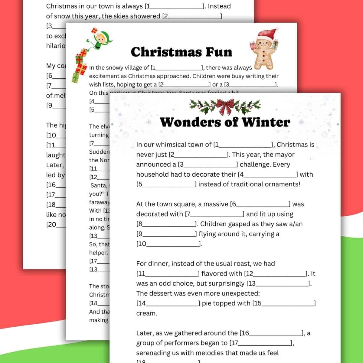 The "Printable Christmas Mad Libs Style Games: 3-Pack Bundle" features three festive fill-in-the-blank activity sheets—A Village Christmas, Christmas Fun, and Wonders of Winter—on a red and light blue background with holiday icons.