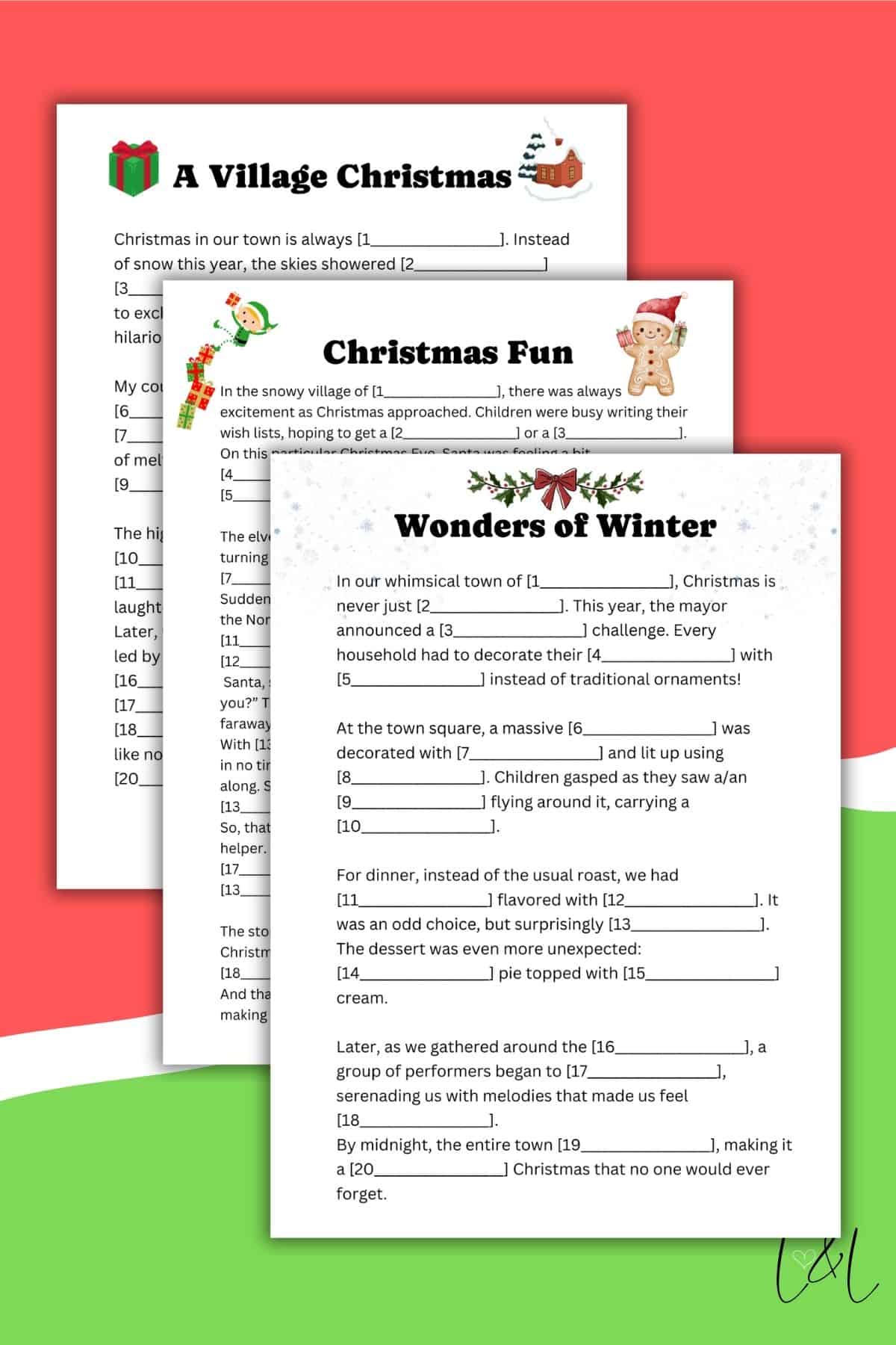 The "Printable Christmas Mad Libs Style Games: 3-Pack Bundle" features three festive fill-in-the-blank activity sheets—A Village Christmas, Christmas Fun, and Wonders of Winter—on a red and light blue background with holiday icons.