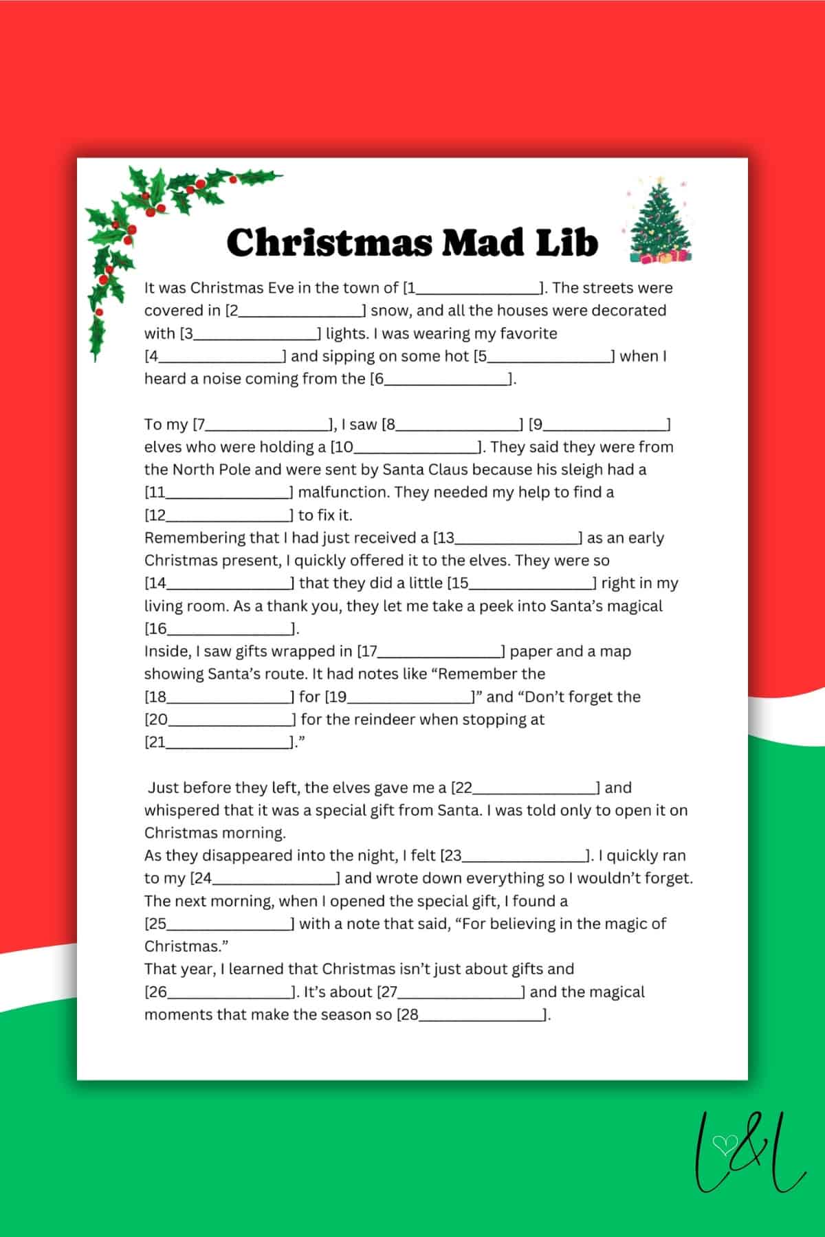 A festive “Christmas Mad Lib” activity sheet featuring holiday-themed clipart like trees and lights, a green and red border, and prompts for readers to fill in the story with their own creative words.