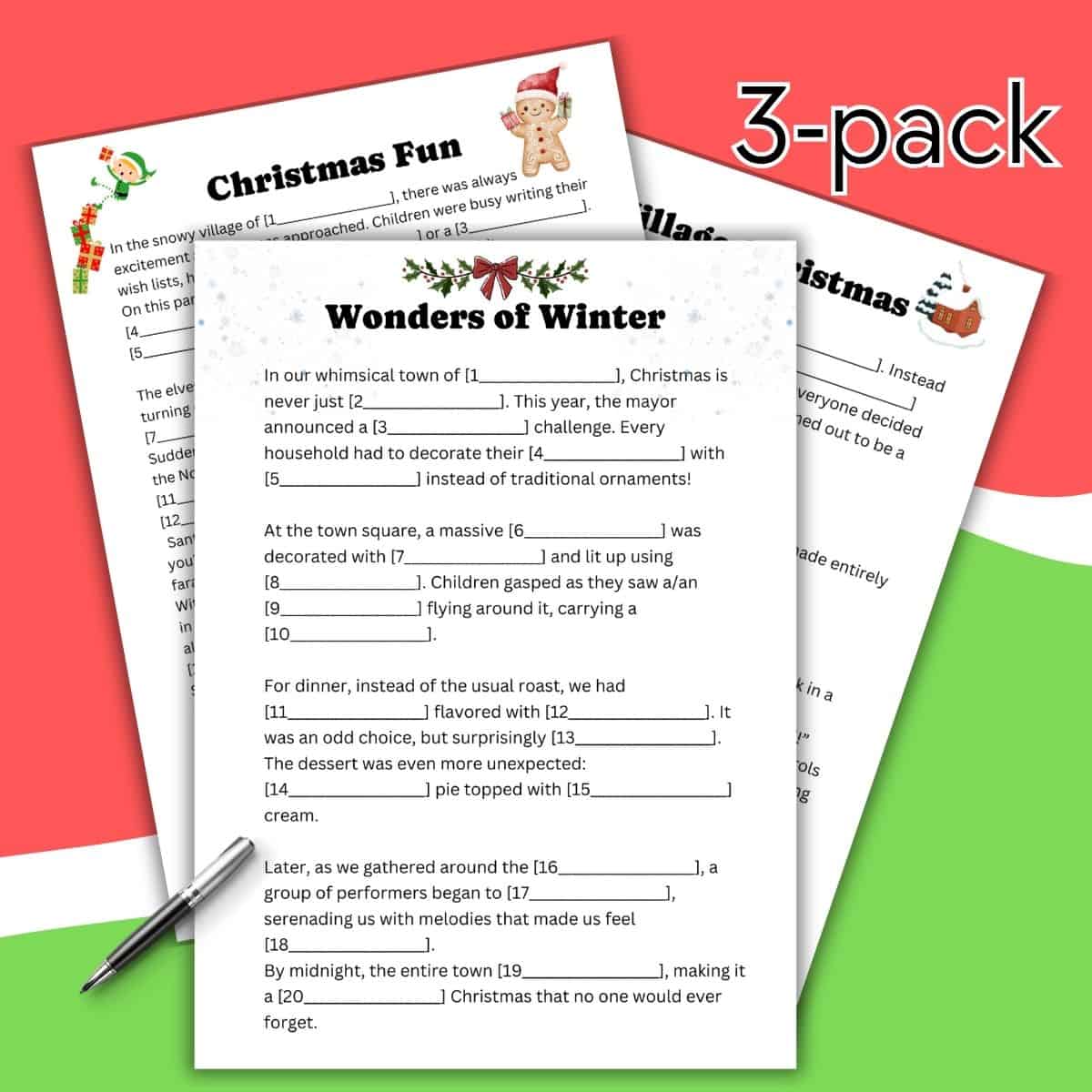 The Printable Christmas Mad Libs Style Games: 3-Pack Bundle is displayed on a red, white, and green background with a pen beside the sheets and a 3-pack label in the corner.
