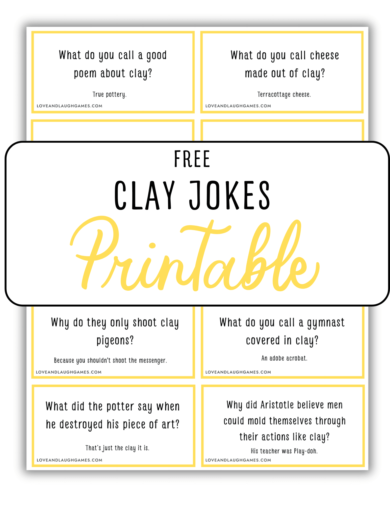 A printable sheet titled Free Clay Jokes Printable with six joke cards about clay, each featuring a question and a humorous answer related to pottery, clay, and related topics.