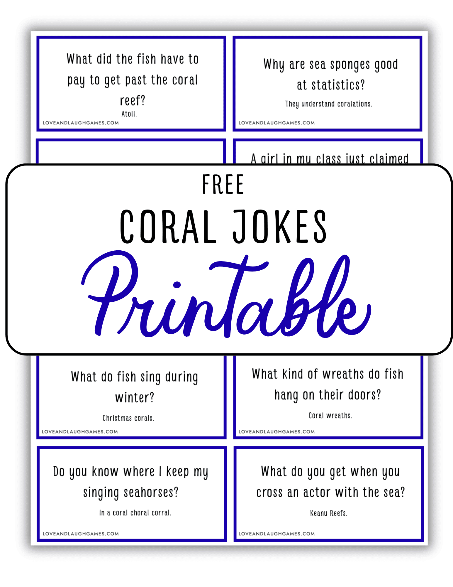 A printable sheet titled Free Coral Jokes Printable displays several kid-friendly coral and sea-themed joke cards arranged in a grid, each with a question and answer.