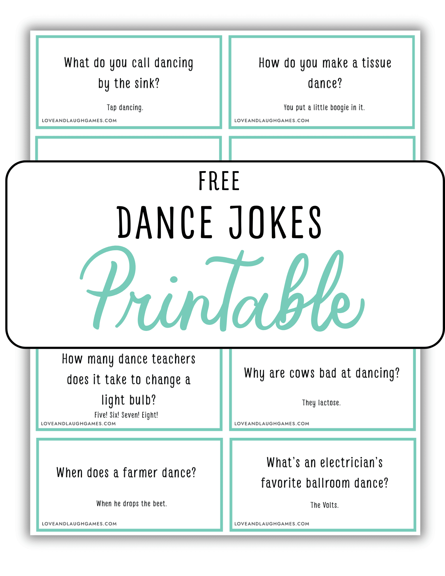 A printable sheet with nine dance-themed joke cards, each in a box with a teal border, and a large label in the center reading Free Dance Jokes Printable.