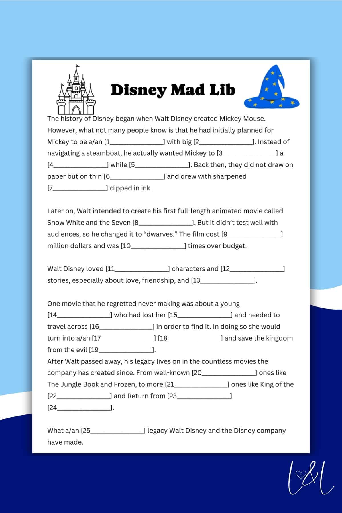 A Disney-themed Mad Lib worksheet with fill-in-the-blank spaces and fun trivia about Walt Disney and his creations. The page features a blue and yellow Mickey Mouse hat in the top right corner and a castle illustration.