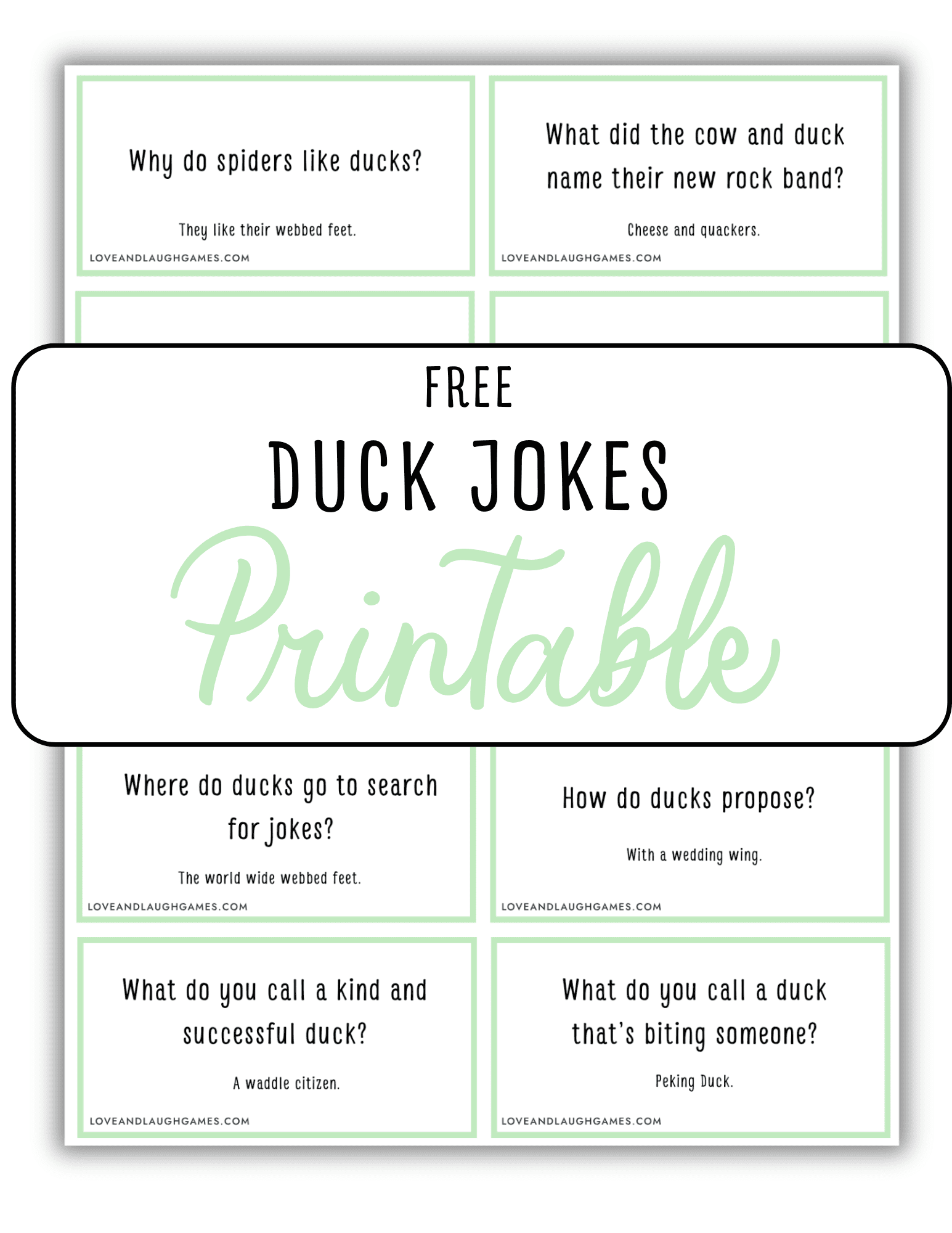 A printable sheet titled Free Duck Jokes Printable features six duck-themed joke cards on a white background with green borders and playful fonts. Example jokes include, Why do spiders like ducks? and How do ducks propose?.