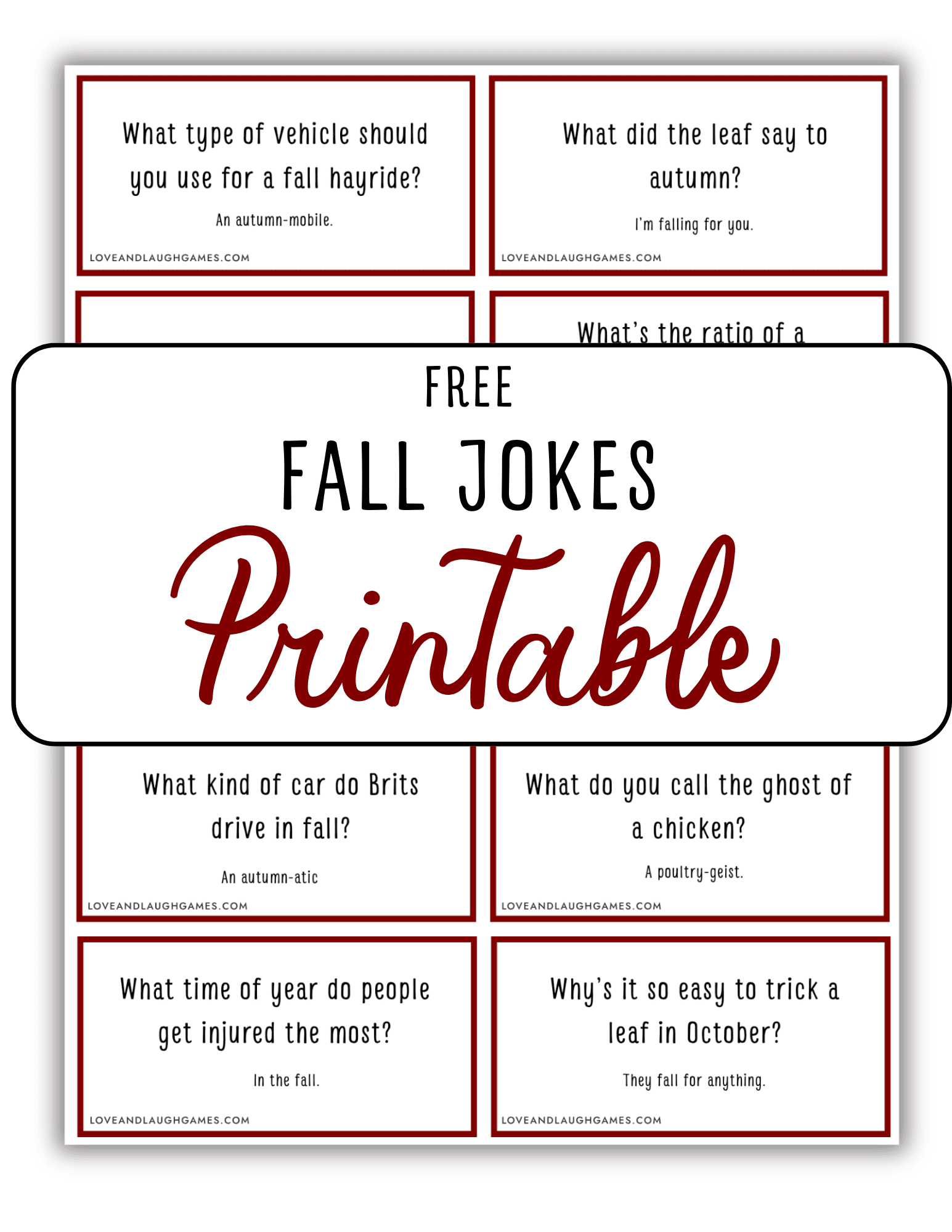 A printable sheet titled Free Fall Jokes Printable with nine red-bordered cards, each featuring a fall-themed joke question and answer. The cards are arranged in a grid behind the title banner.