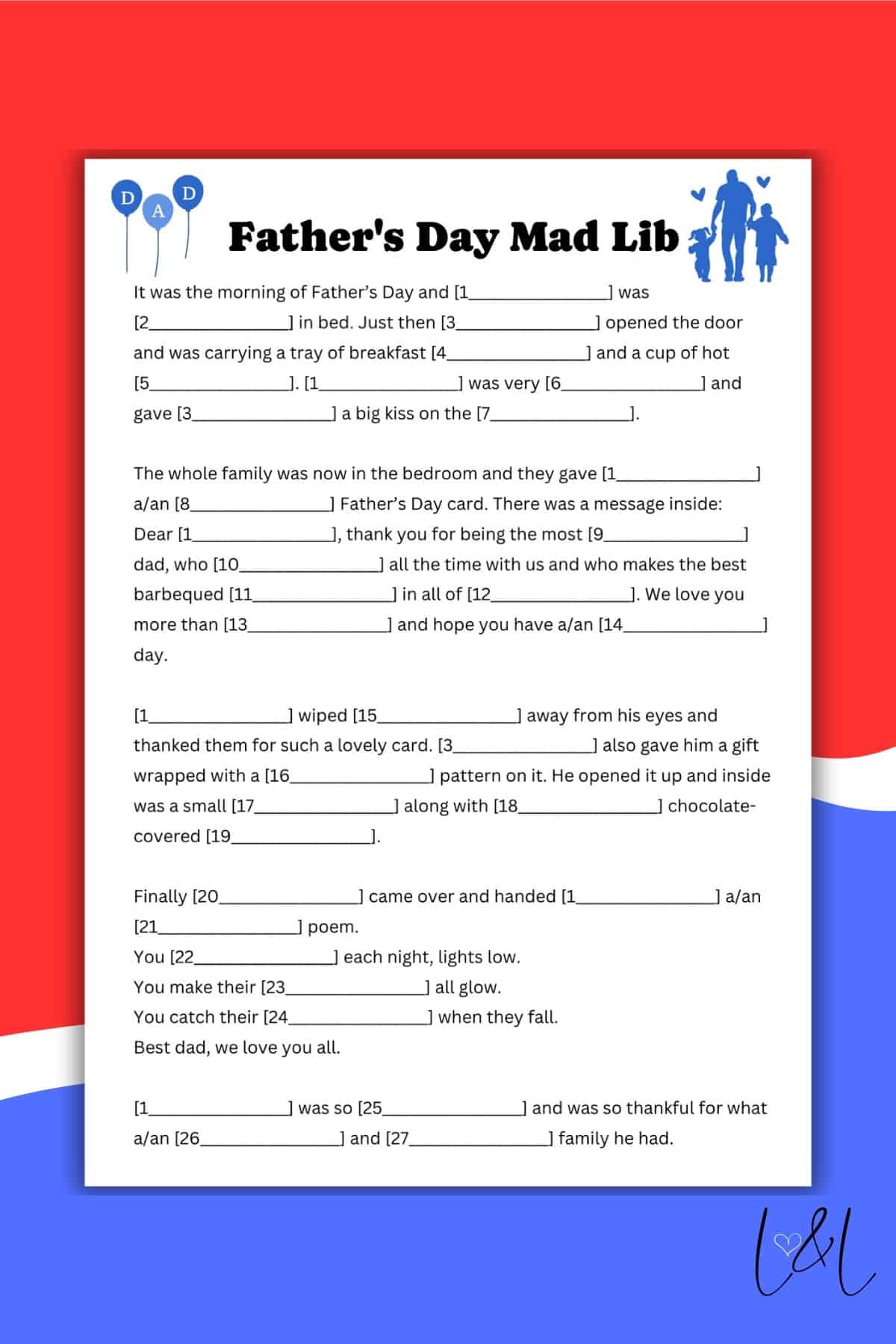 A Father's Day Mad Lib worksheet featuring fill-in-the-blank sentences and numbered prompts for words, decorated with blue, red, and white borders plus fun icons of fathers and children.