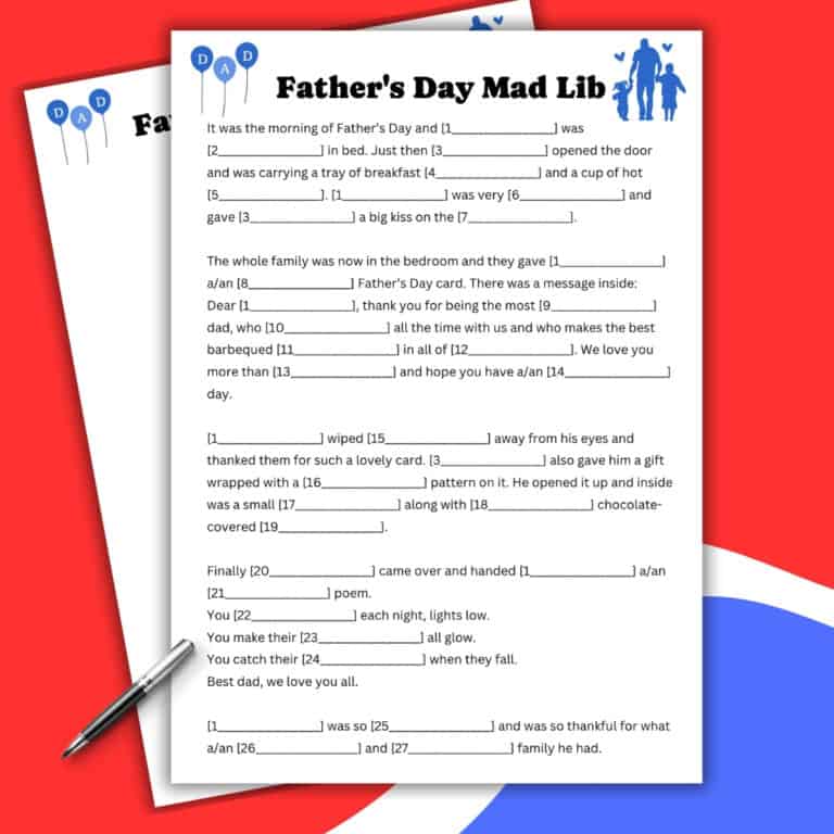 A Father’s Day Mad Lib worksheet on a clipboard, featuring fill-in-the-blank storylines. The sheet includes a blue heading with silhouettes of a father and children, set against a red, blue, and white background.