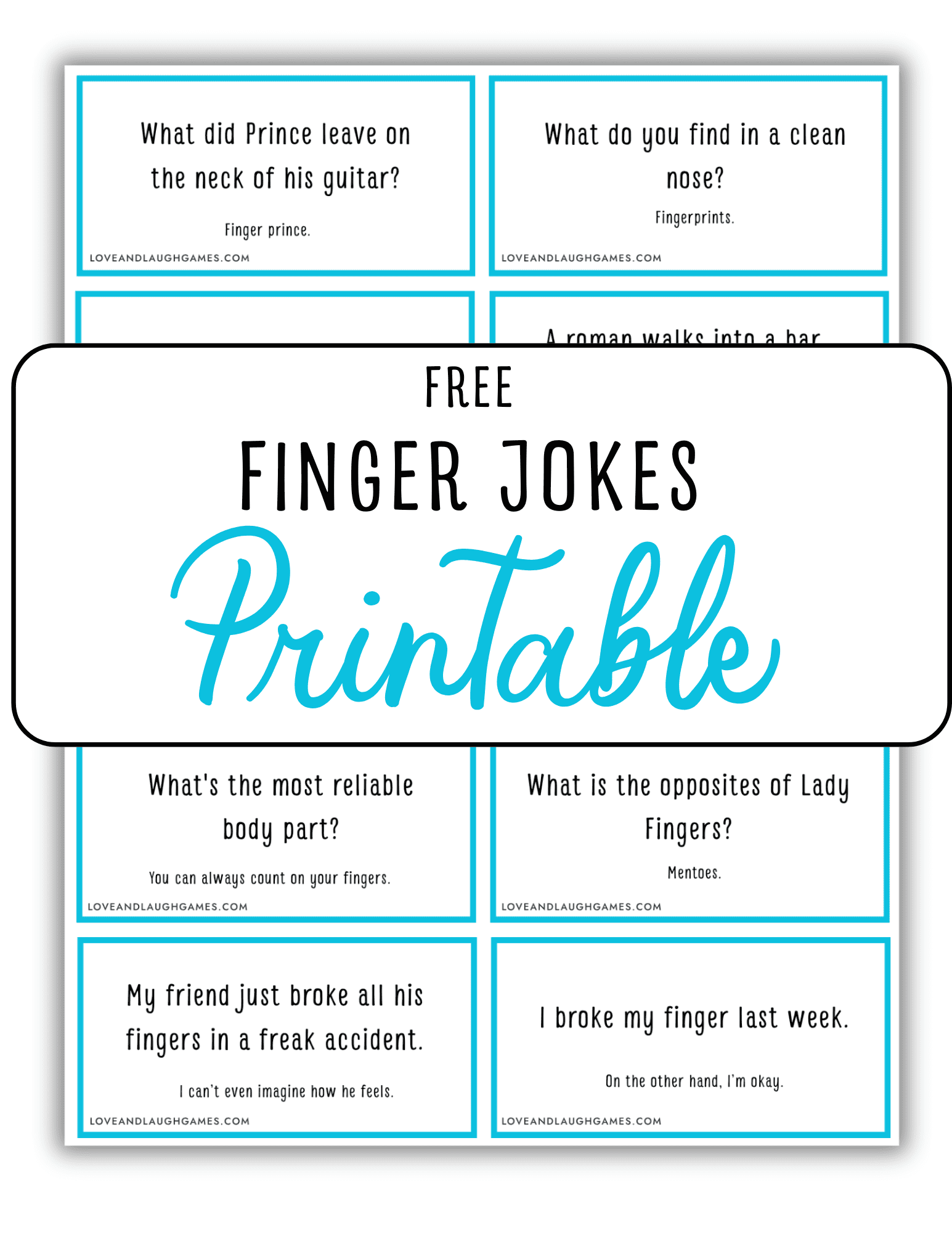 A printable sheet with blue-bordered joke cards titled Free Finger Jokes Printable. Visible jokes include puns about fingers, fingerprints, and hands, each in a separate box, arranged in a grid layout.