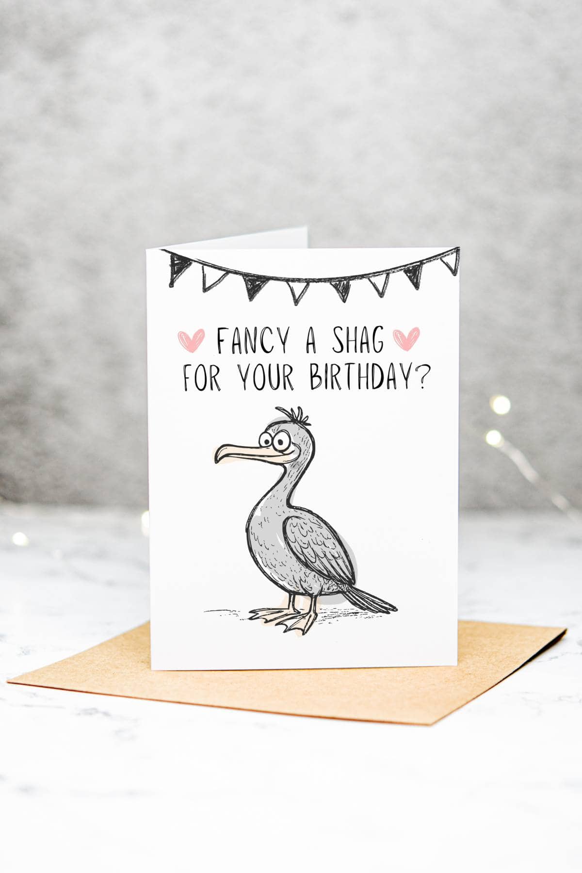 A birthday card with a cartoon shag bird, bunting, and pink hearts. The card reads Fancy a shag for your birthday? in playful, handwritten text. The card is displayed on a brown envelope.