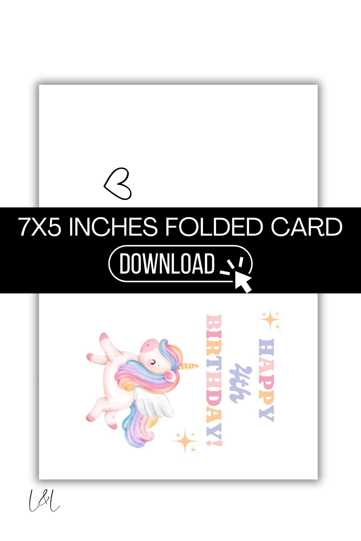 A printable Unicorn 4th Birthday Card, sized 7x5 inches, featuring a colorful unicorn, HAPPY 4th BIRTHDAY! text, pastel stars, and a black banner that reads 7X5 INCHES FOLDED CARD DOWNLOAD.